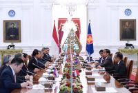 Presiden Joko Widodo menerima kunjungan kehormatan para Menteri Luar Negeri (Menlu) ASEAN dan Sekretaris Jenderal (Sekjen) ASEAN di Istana Merdeka, Jakarta, Jumat, 3 Februari 2023. 