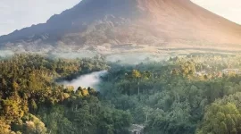 Puncak Rinjani menawarkan pemandangan langit biru yang luas, dan pada malam hari, pendaki dapat melihat kemilau bintang di langit.